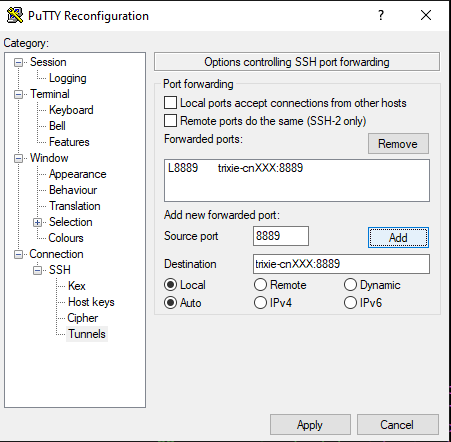 putty ssh tunnel for Jupyter